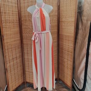 ◇ Julia Jordan Halter Neck Striped Maxi Dress Size 2 NWT Cream Peach Pink